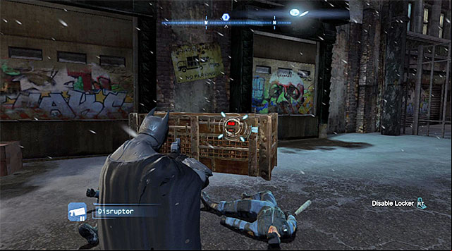 After you have secured the area, select the disruptor from the inventory, target the crate shown in the screenshot and hold down the appropriate trigger/key to compete the process - Penguin | Most Wanted - Most Wanted - Batman: Arkham Origins Game Guide