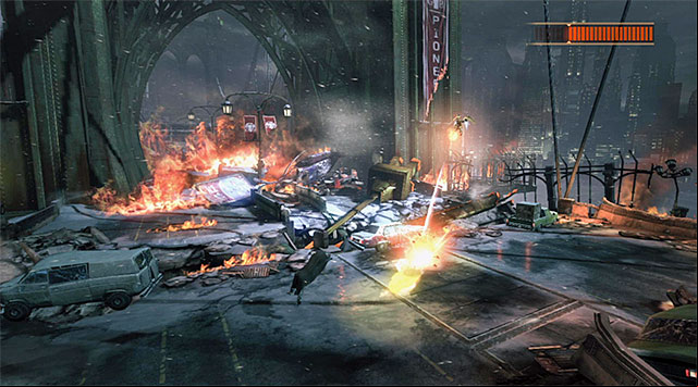 It is a bit more difficult to avoid the bombs - Defeat Firefly | Main storyline - Main storyline - Batman: Arkham Origins Game Guide