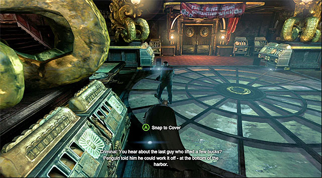 get the armed bandit from behind - Gain access to Penguins office - Upper Deck | Main storyline - Main storyline - Batman: Arkham Origins Game Guide