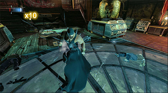 Approach the big glass fragment of the wall, run up and smash through to the other side, to land in the casinos main area again - Gain access to Penguins office - Upper Deck | Main storyline - Main storyline - Batman: Arkham Origins Game Guide