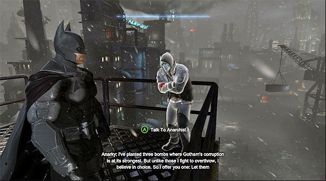 On your way to the ships exit, stop after you reach the Gun Shop again, and watch the footage displayed on several displays, all at the same time - Anarky | Most Wanted - Most Wanted - Batman: Arkham Origins Game Guide