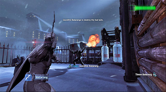 Try to hit the tank using the batarang - Killer Croc | Boss fights - Boss fights - Batman: Arkham Origins Game Guide
