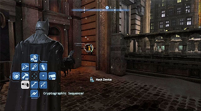 Examine the balcony neighboring the one with the box, with the collectible, on it (it is attached to the wall) and find the terminal that you can hack into, using the cryptographic sequencer - The best hidden datapacks - Extortion File 4 (The Bowery) | Enigma Datapacks - Enigma Datapacks - Batman: Arkham Origins Game Guide