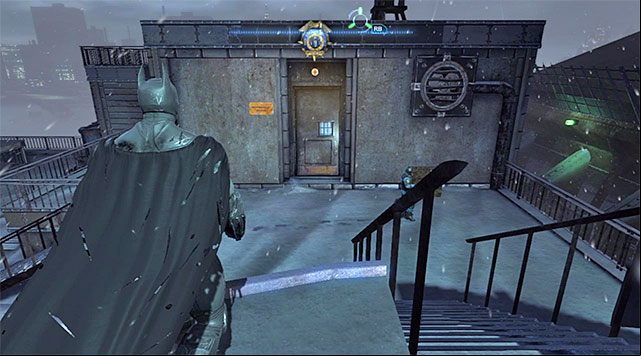 The GD main entrance is locked so, you need to take the door shown in the screenshot, located on the rooftop - The Burnley District - entrances to the police station and the sewers | Enigma Datapacks - Enigma Datapacks - Batman: Arkham Origins Game Guide