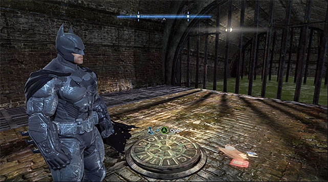 The best way to reach the Burnley Sewers is through the manhole shown in the screenshot, which you use for the first time during the Scan the corpse in the GD morgue maim mission - The Burnley District - entrances to the police station and the sewers | Enigma Datapacks - Enigma Datapacks - Batman: Arkham Origins Game Guide