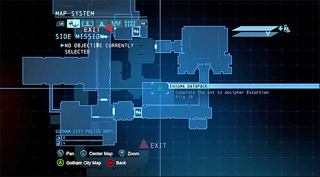 The collectible is in that you are looking for is in the GD - Morgue and the way to access it has been described in the Scan the corpse in the GD morgue main mission description - The best hidden datapacks - Extortion File 19 (Burnley) | Enigma Datapacks - Enigma Datapacks - Batman: Arkham Origins Game Guide