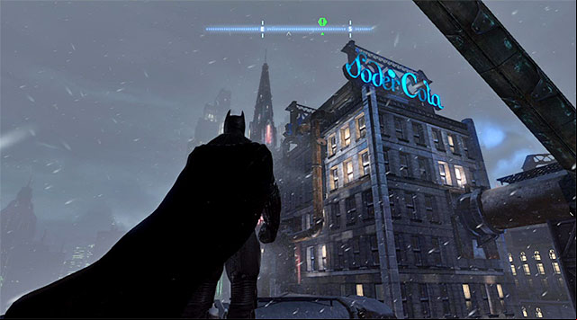 Notes: The Soder Cola building is in the North-Western part of the Diamond District (the screenshot) and you only need to reach the upper balcony - Dark Knight System | Challenges - Challenges - Batman: Arkham Origins Game Guide