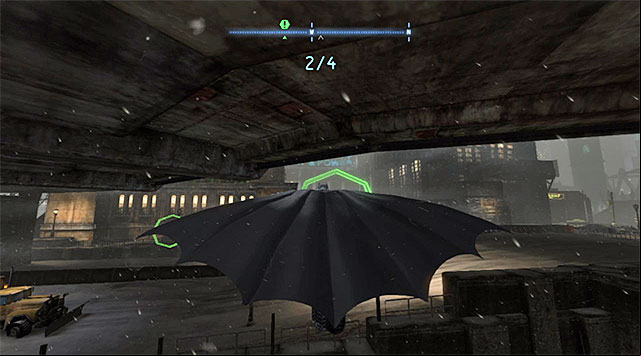 Glide towards the ring located on the left but, correct the flight path in the mid-flight, accordingly, to steer towards the bridge on the right - Dark Knight System | Challenges - Challenges - Batman: Arkham Origins Game Guide