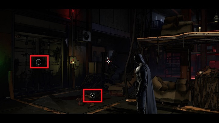 Here, you will find two objects: a dead mercenary and door to the container - Chapter 4 - Worlds Greatest Detective | Walkthrough - Episode 1: Realm of Shadows - Batman: The Telltale Games Series Game Guide
