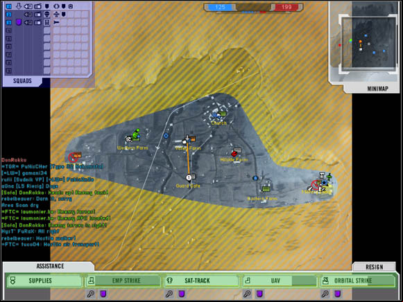 The chart marked with the blue color, placed in the top left corner of the screen, presents squads, kind of order the soldiers try to perform and ' kits - Commander - Roles on the battlefield - Battlefield 2142 - Game Guide and Walkthrough