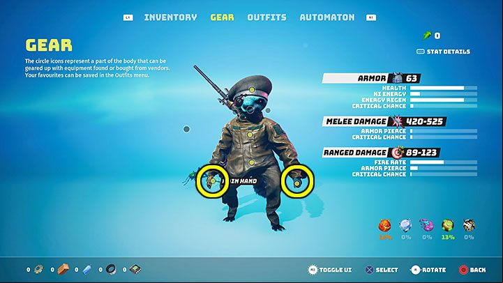 When you go to the Gear tab in your inventory, you can view different types of equipment by selecting the corresponding interactive points on the hero's body - Biomutant: Firearms in inventory - where to find it? - Character & equipment - Biomutant Guide