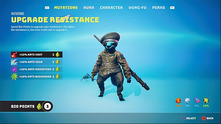 You can also spend Bio Points in the Mutation tab to increase your Resistance - Biomutant: Statuses, resistance to elements - Basics - Biomutant Guide