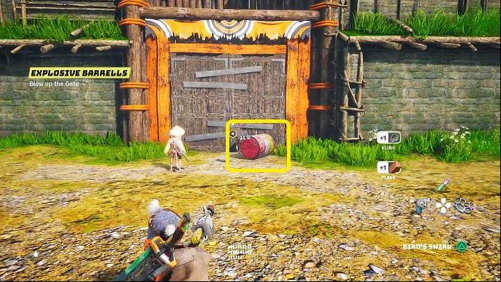 Hit the chute with your melee weapon, then hit the barrel to make it roll up to the gate - Biomutant: The Tribe War Begins - walkthrough - Main tasks - Biomutant Guide