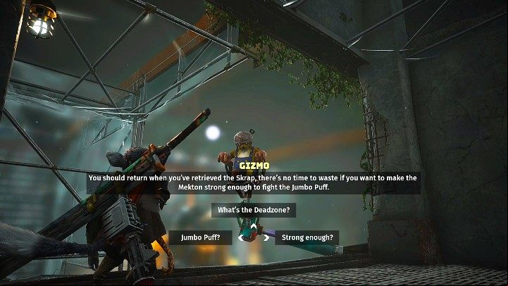 Gizmo will tell you a bit about the main character's past, but also about Mekton, his invention, and how this robot can help you fight Jumbo Puff - Biomutant: Gizmo - walkthrough - Main tasks - Biomutant Guide