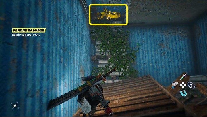 After entering the ruined building, locate the yellow item shown in the above image, then jump up and grab the edge of it to get to the higher level - Biomutant: Gizmo - walkthrough - Main tasks - Biomutant Guide