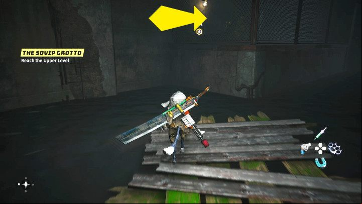 Wait until the oil level in the room rises and jump through the hole in the mesh to get to the higher level of the bunker - Biomutant: Gizmo - walkthrough - Main tasks - Biomutant Guide