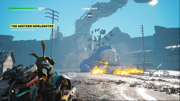 After each boulder sequence, the boss will jump into the arena and cause three fire waves to spread out in different directions - Biomutant: The Western Worldeater - walkthrough - Main quests - Biomutant Guide