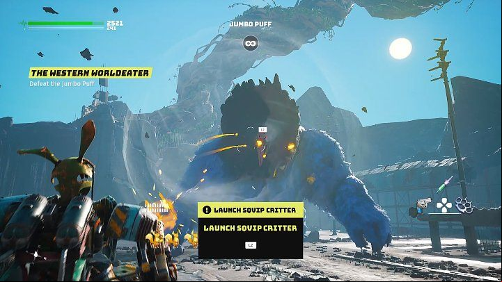 When the boss opens his mouth and starts breathing in, you'll have to use the Sqvip launcher to interrupt this attack - press the button that appears on the screen (L2 on PS4/PS5) - Biomutant: The Western Worldeater - walkthrough - Main quests - Biomutant Guide