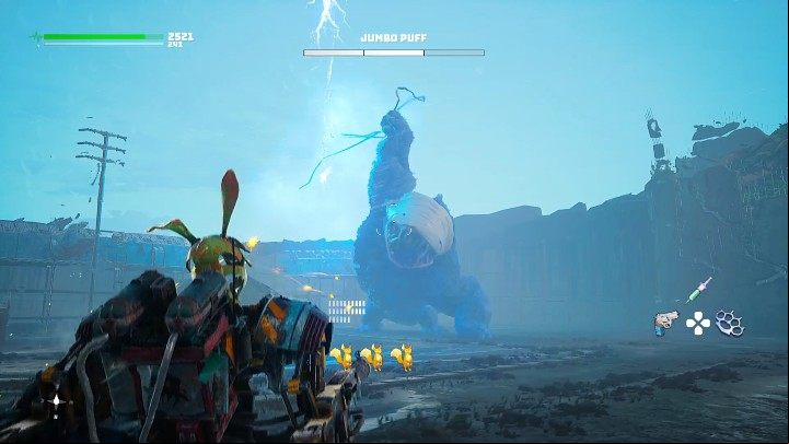 At the beginning of the second stage, Jumbo Puff will break the high voltage line and start using the electric cable as a weapon - Biomutant: The Western Worldeater - walkthrough - Main quests - Biomutant Guide