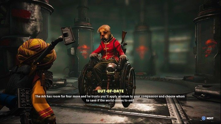 During the conversation, you will learn that the Out-Of-Date fears that the end of the world could still happen, so he prepared for the worst and created The Ark - Biomutant: Out-Of-Date - walkthrough - Main tasks - Biomutant Guide