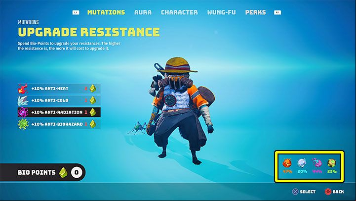that the rate at which the contamination percentage increases is affected by the hero's Resistance to the element - Biomutant: Suits - how to get them? - Character & equipment - Biomutant Guide