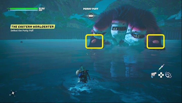 During the first phase of the fight, attack the boss's vulnerable areas to deal damage - Biomutant: The Eastern World Eater - walkthrough - Main quests - Biomutant Guide