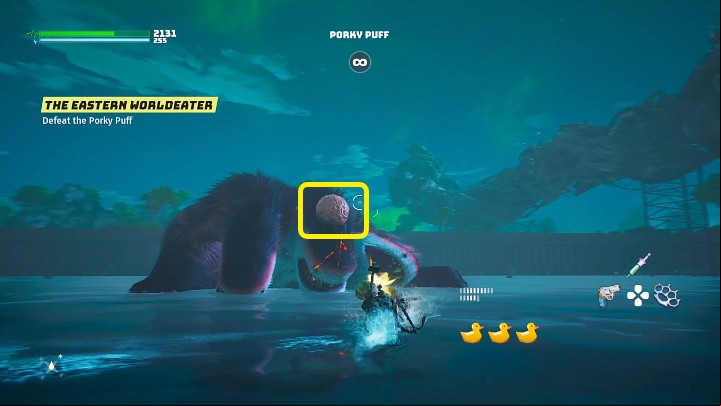 When all 4 weak points are destroyed, the boss will fall and you will be able to swim up from the front and smash the large growth that will grow on Porky Puff's head - Biomutant: The Eastern World Eater - walkthrough - Main quests - Biomutant Guide