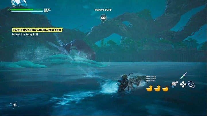 Throughout the fight, the Porky Puff will attack with his strong paws, and each attack will create a wave that will move very fast towards you - to avoid taking damage, quickly swim away to the side - Biomutant: The Eastern World Eater - walkthrough - Main quests - Biomutant Guide