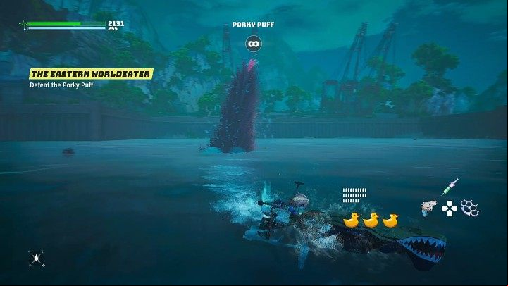 When the boss dives in and starts chasing you, swim around the arena and don't get caught, or else you will die instantly as soon as the Porky Puff touches you - Biomutant: The Eastern World Eater - walkthrough - Main quests - Biomutant Guide