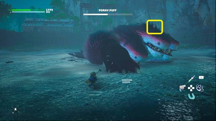 The second phase of the fight with the Porky Puff takes place on the ground, and the boss will remain in one place, so the range of his attacks won't be very large - Biomutant: The Eastern World Eater - walkthrough - Main quests - Biomutant Guide