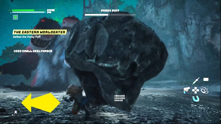 The boss will often throw rocks at you with both paws, one after the other, so you must be prepared to quickly perform two sideways dodges in a short span of time - Biomutant: The Eastern World Eater - walkthrough - Main quests - Biomutant Guide