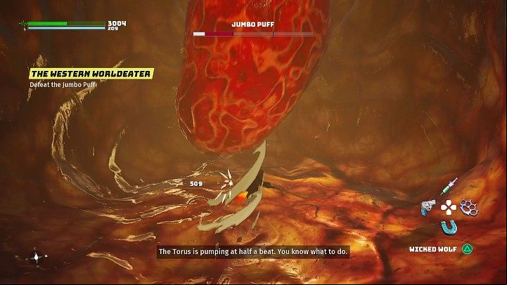 Approach the monster's heart and hit it with a cold weapon or ranged weapon to weaken the last health bar of Jumbo Puff - Biomutant: Jumbo Puff - how to beat? - Bosses - Biomutant Guide