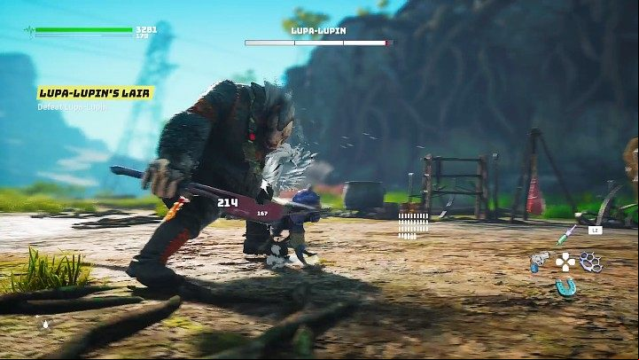 When fighting Lupa-Lupin at melee range you must watch out for several attacks: quick cleaver strikes, stomping sequences combined with a sweeping kick, and paw strikes - Biomutant: The Meat Eater - walkthrough - Main quests - Biomutant Guide
