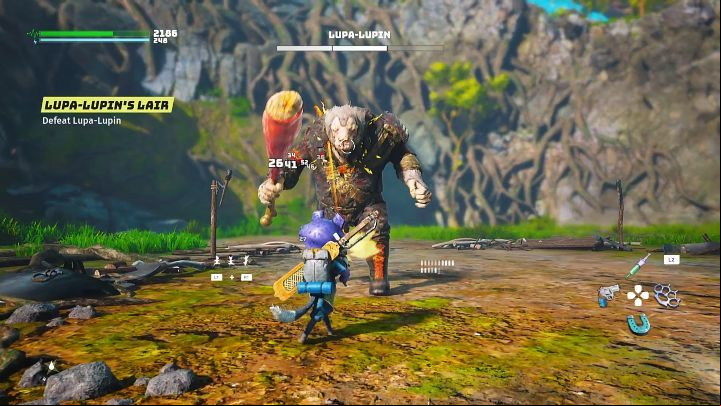 In the second stage of the fight, Lupa-Lupin will throw away the cleaver and reach for another weapon, a sizable piece of meat - Biomutant: The Meat Eater - walkthrough - Main quests - Biomutant Guide