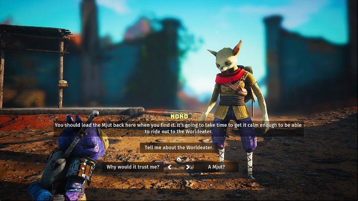 During your conversation with Noko, you will learn that the Mjut has escaped from its enclosure and you must find it and bring it back - Biomutant: Noko - walkthrough - Main quests - Biomutant Guide