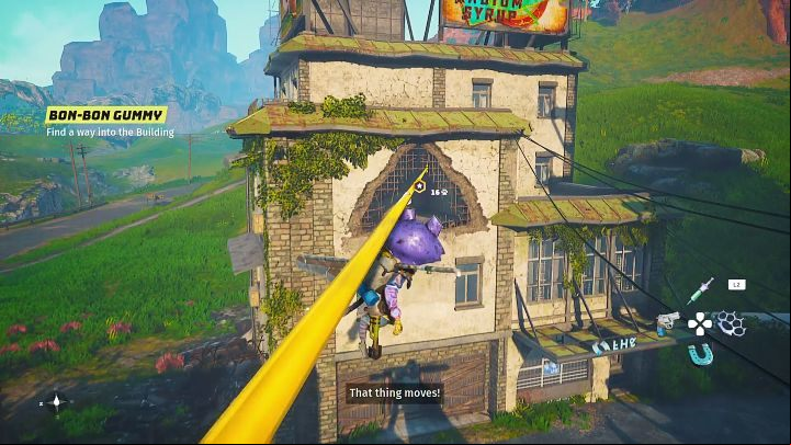 Once you're on the roof, jump up and grab the rope shown in the picture above, and you will quickly get to the building on the other side - Biomutant: Noko - walkthrough - Main quests - Biomutant Guide