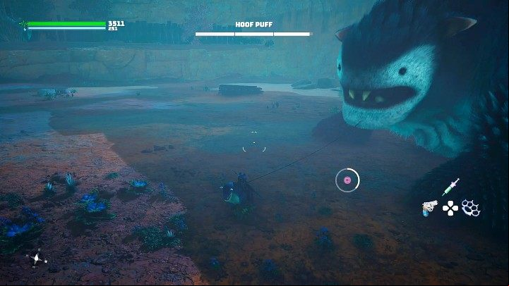 When you destroy three vulnerable points, the Hoof Puff will open his mouth for a moment - approach him and throw a rope over one of his teeth, then press the correct key (square on PS4/PS5) to pull it out - Biomutant: Hoof Puff - how to defeat? - Bosses - Biomutant Guide