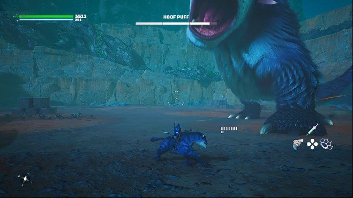 As you weave between the boss's legs, you have to watch out when he swings and stomps his front paws - Biomutant: Hoof Puff - how to defeat? - Bosses - Biomutant Guide