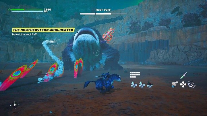 When the boss fires three series of bullets, release one Glittermoth right in front of his face to distract him - Biomutant: Hoof Puff - how to defeat? - Bosses - Biomutant Guide