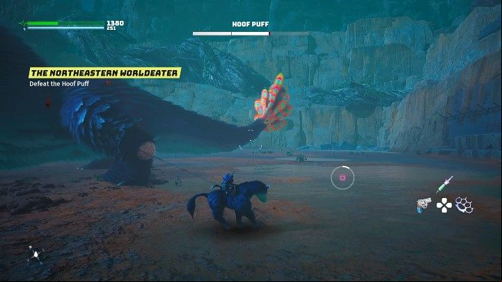 As the Hoof Puff tries to catch the Glittermoth, run up to him and tie his paws together with the rope, then mash the correct button to knock the beast down - Biomutant: Hoof Puff - how to defeat? - Bosses - Biomutant Guide