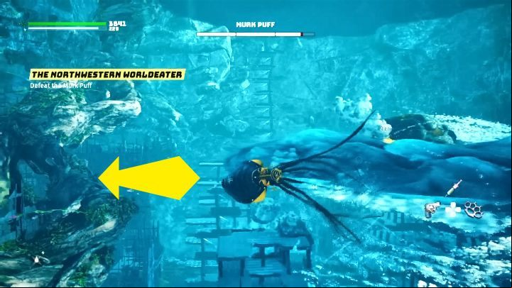 When the boss raises his tail and starts to move it, it is a sign that he is about to make a quick turn around his axis and release a wave towards you - Biomutant: Murk Puff - how to defeat? - Bosses - Biomutant Guide