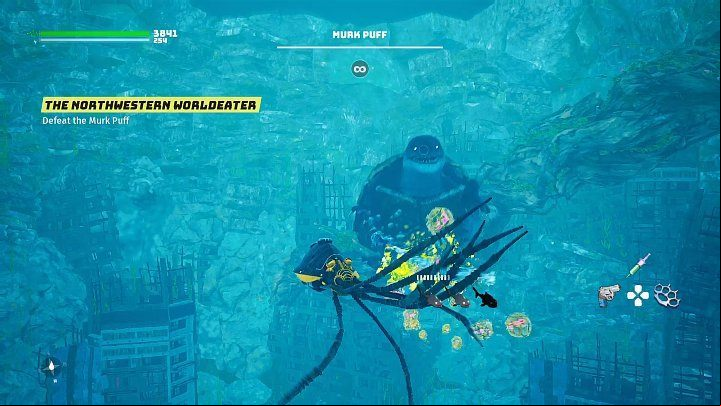 When Murk Puff hides into his shell, after a while he will start releasing something like underwater mines towards you - Biomutant: Murk Puff - how to defeat? - Bosses - Biomutant Guide