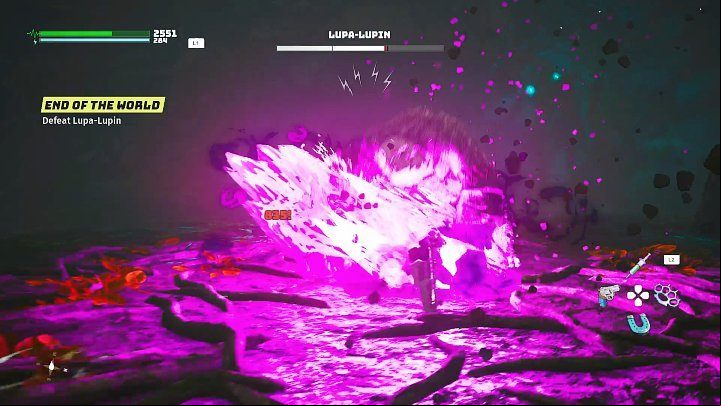 When you deprive the boss of the first part of his health bar, Lupa-Lupin will get angry and attack with even more fury, using his dark power - Biomutant: Lupa-Lupin, the final boss - how to defeat? - Bosses - Biomutant Guide