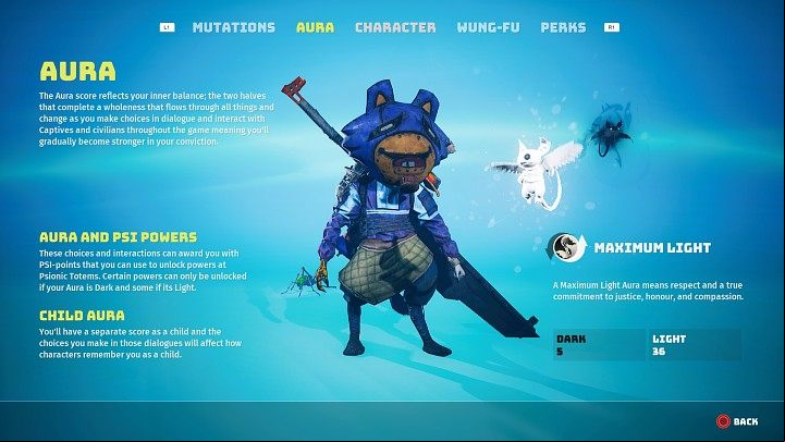 The Aura rating represents the internal balance of your character and changes as a result of your dialogue choices and interactions with captives and civilians - Biomutant: Aura - Basics - Biomutant Guide