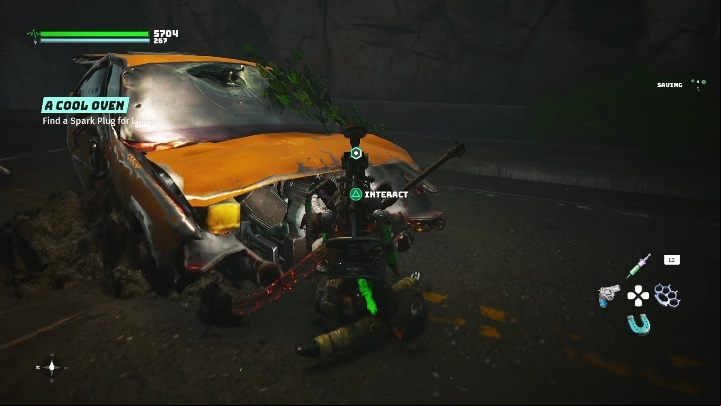 After clearing the tunnel, you need to get to the car and look under its hood - Biomutant: Lump Muffin - walkthrough - NPC quests - Biomutant Guide