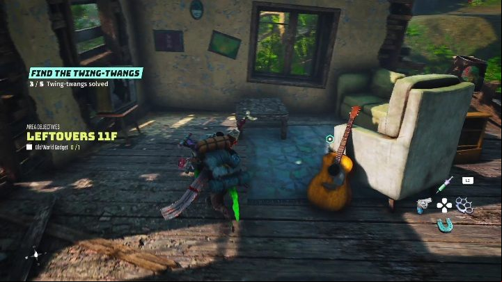 You will find the guitar in a wooden house, right next to a sizable armchair - Biomutant: Find the Twing-Twangs - walkthrough - Exploration - Biomutant Guide