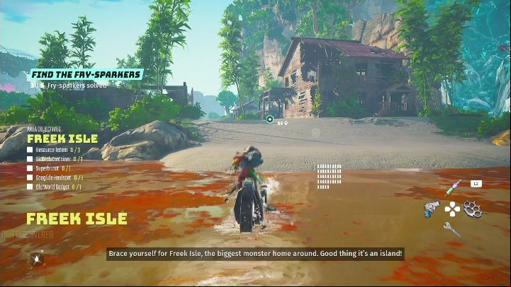 Location: In a brown, dilapidated building, on the beach on the Freek Isle - Biomutant: Find The Fry-Sparkers - walkthrough - Exploration - Biomutant Guide