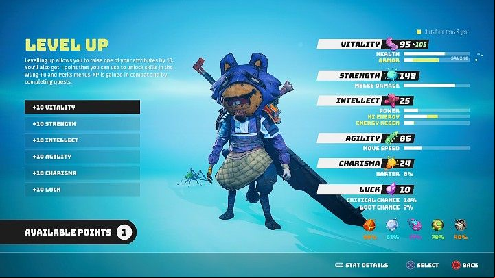 Every time your character gains a new level, you will be able to increase the value of one of your attributes by 10 points - Biomutant: Character development - Basics - Biomutant Guide