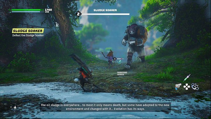 As soon as you get to the next area, you will be attacked by a larger enemy (Sludge Soaker) accompanied by 3 smaller aids - Biomutant: Bunker 101 - Walkthrough guide - Present - Biomutant Guide