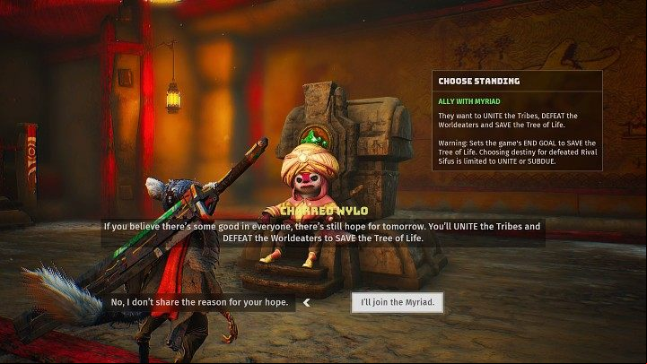 The Sifu of the Myriad tribe is convinced that defeating the World Eaters and saving the Tree of Life is the only way to create a better world - Biomutant: An Alliance - walkthrough - Present Day - Biomutant Guide